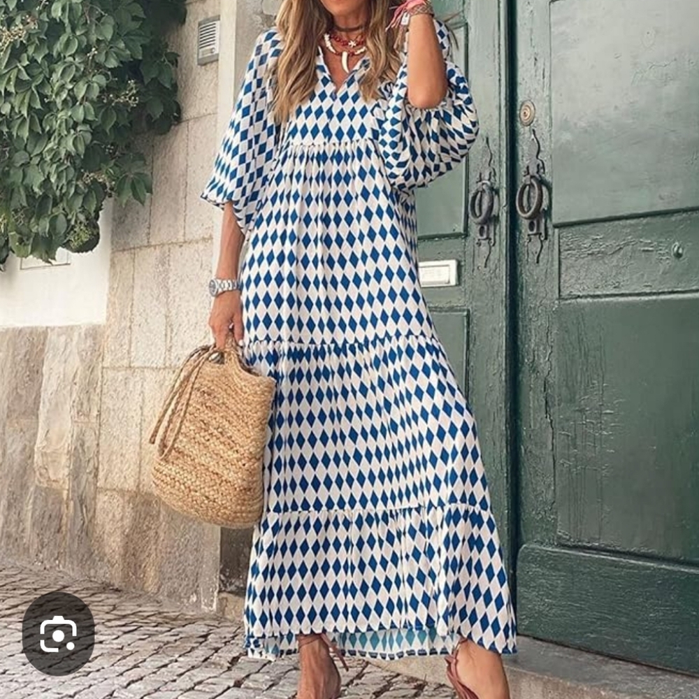 Blue and White Geometric Patterned Dress Sz MED